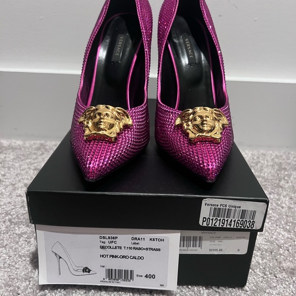 Versace Fuchsia Sequin Heels with Gold Medusa